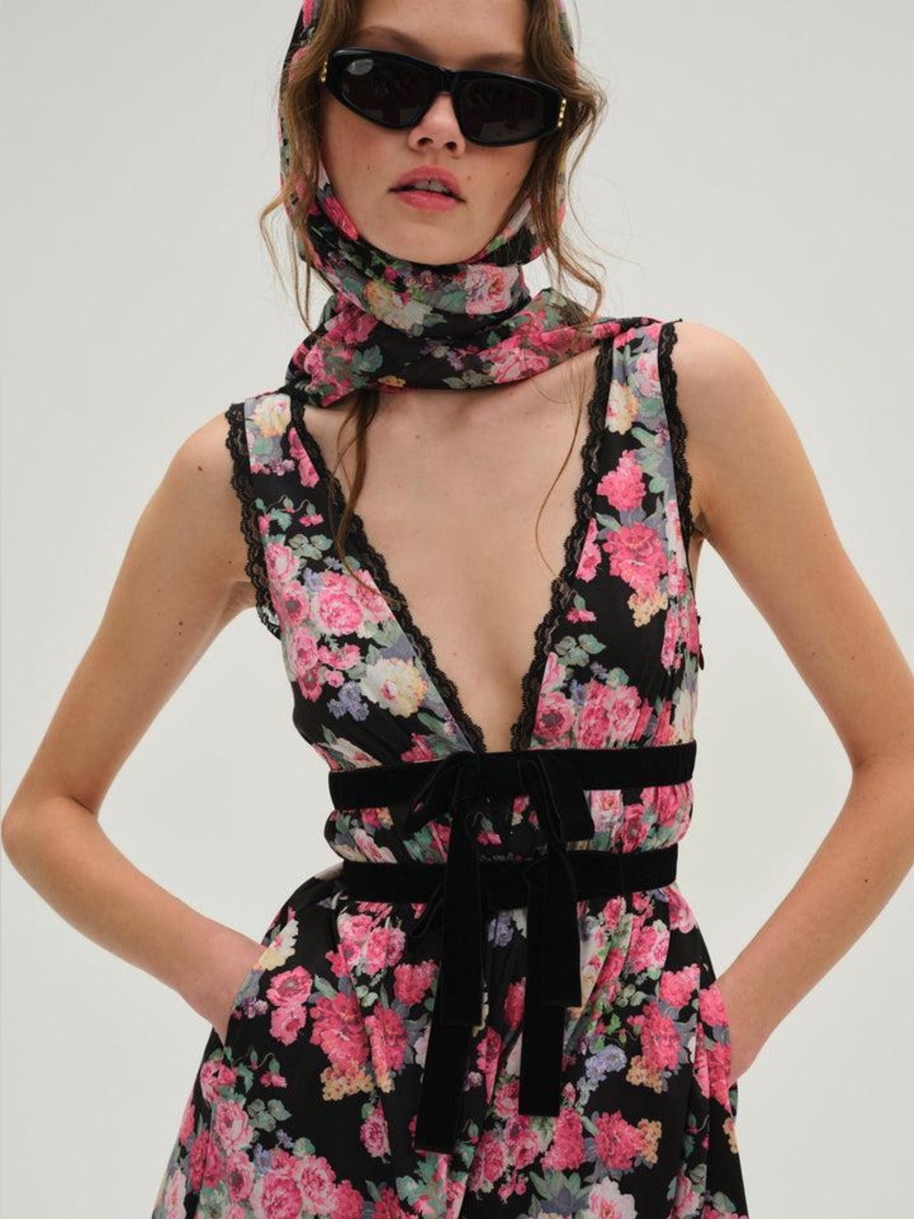 For Love And Lemons Black and Pink Floral Midi Dress and Scarf!